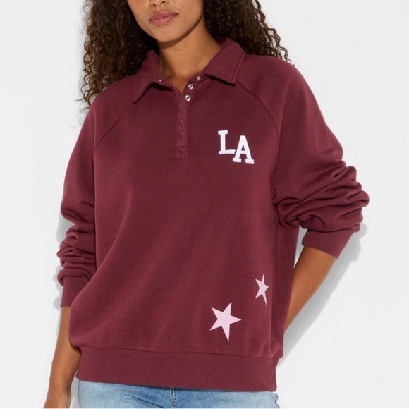 Zoe + Liv Tops - Zoe + Liv Burgundy Pullover with White LA & Star Appliqués